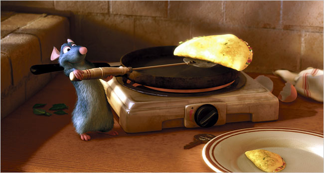 Remy the Rat cooks an omelette in the film Ratatouille.