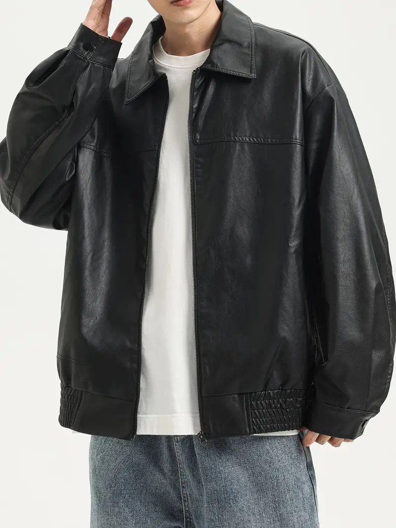 Men's Faux Leather Solid Jacket Vintage Lapel Collar Motorcycle PU Leather Outwear Coat